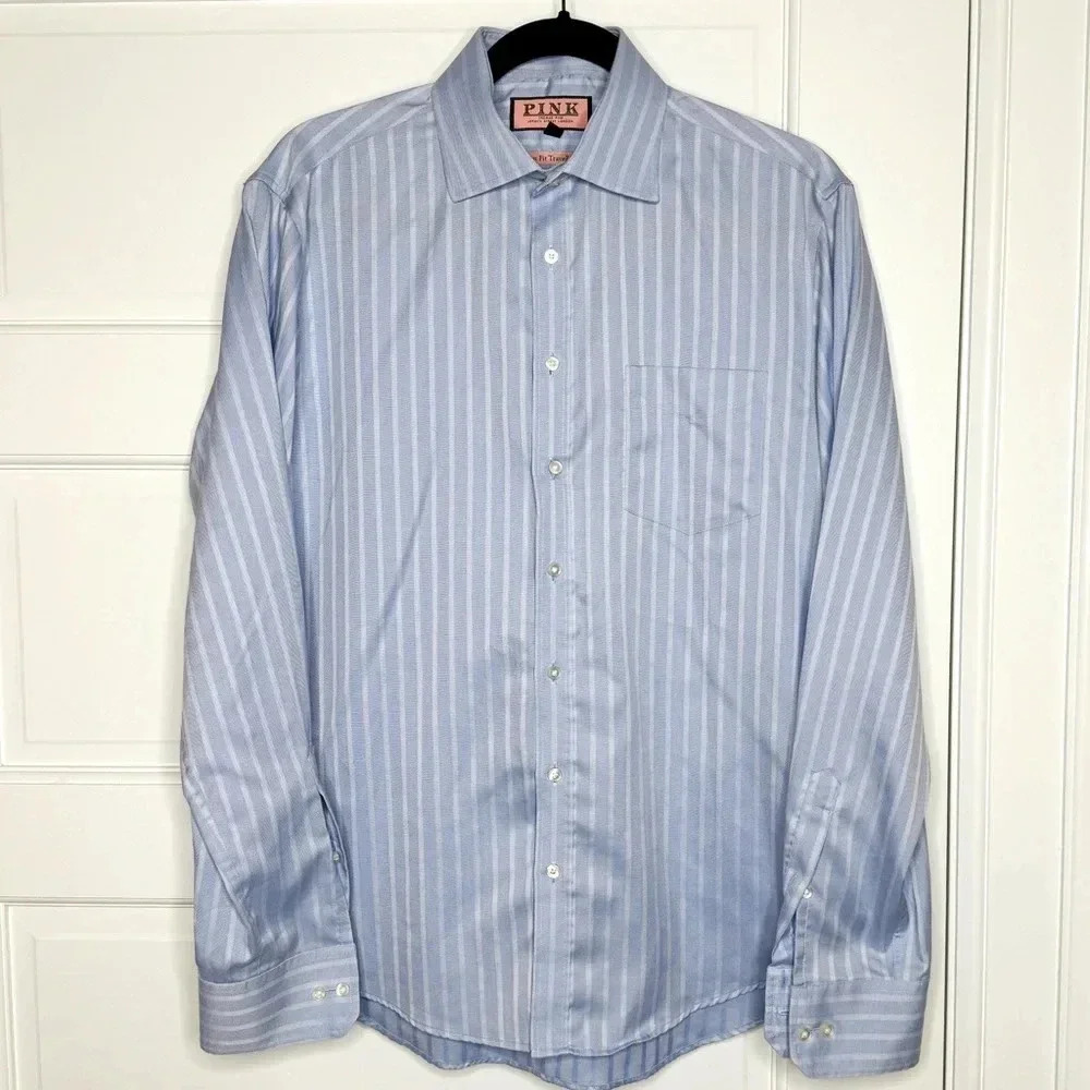 PINK by Thomas Pink Slim‎ Fit Traveler Blue Striped Shirt Size 15.5/39cm